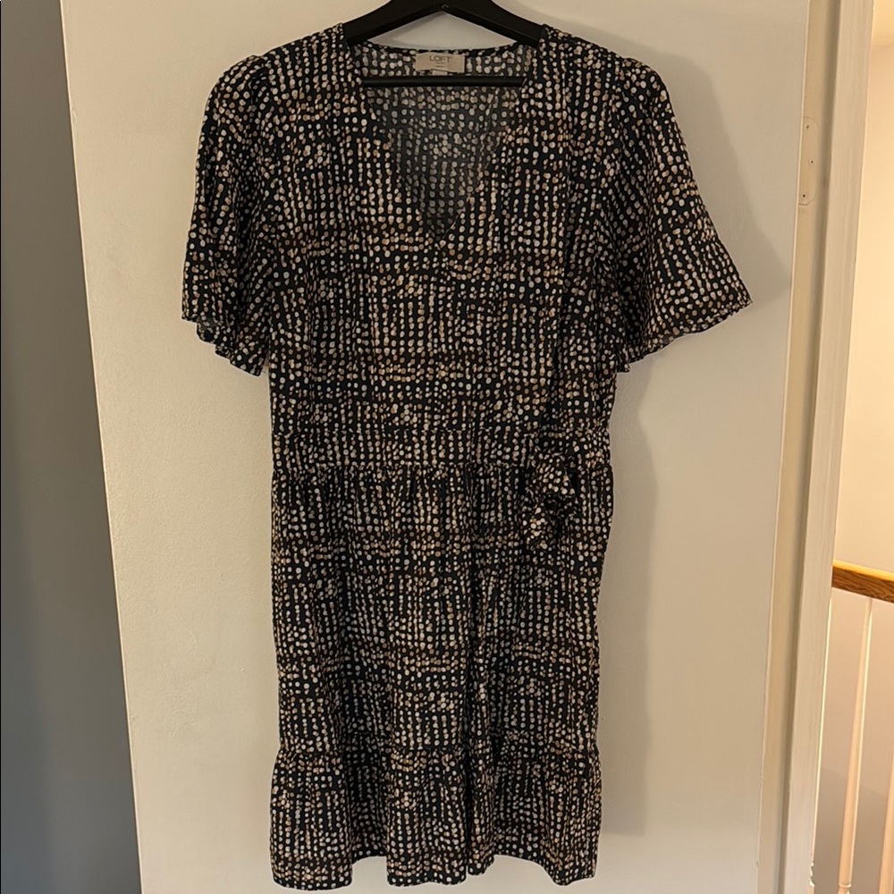 Navy and Beige Patterned Wrap Dress